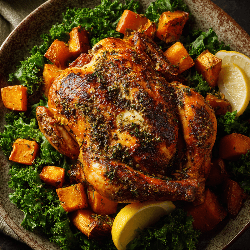Lemon Herb Roast Chicken with Kale Salad & Roasted Squash