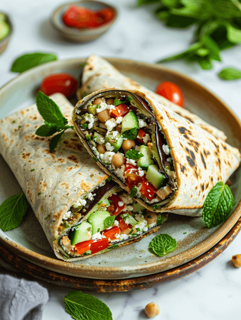Mediterranean Eggplant Mash Wraps with Chickpea-Feta Salad