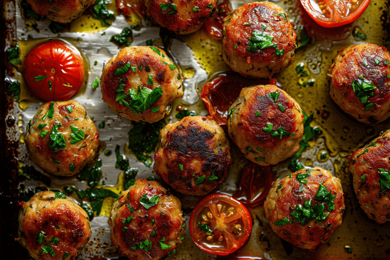 Sheet Pan Meatballs with Tomato Salad and Green Sauce